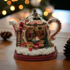 Christmas Teapot Night Light Decorative Santa Snow Home Holiday Resin Lighted